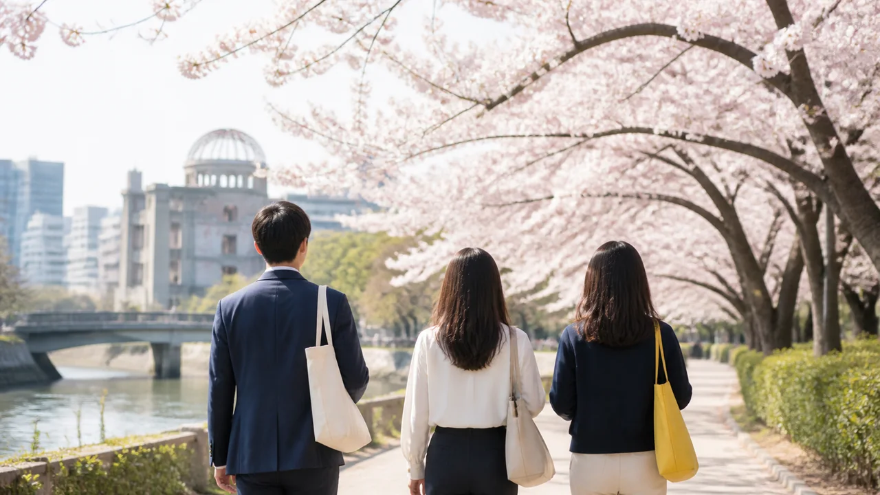 桜の下を歩く社員たち