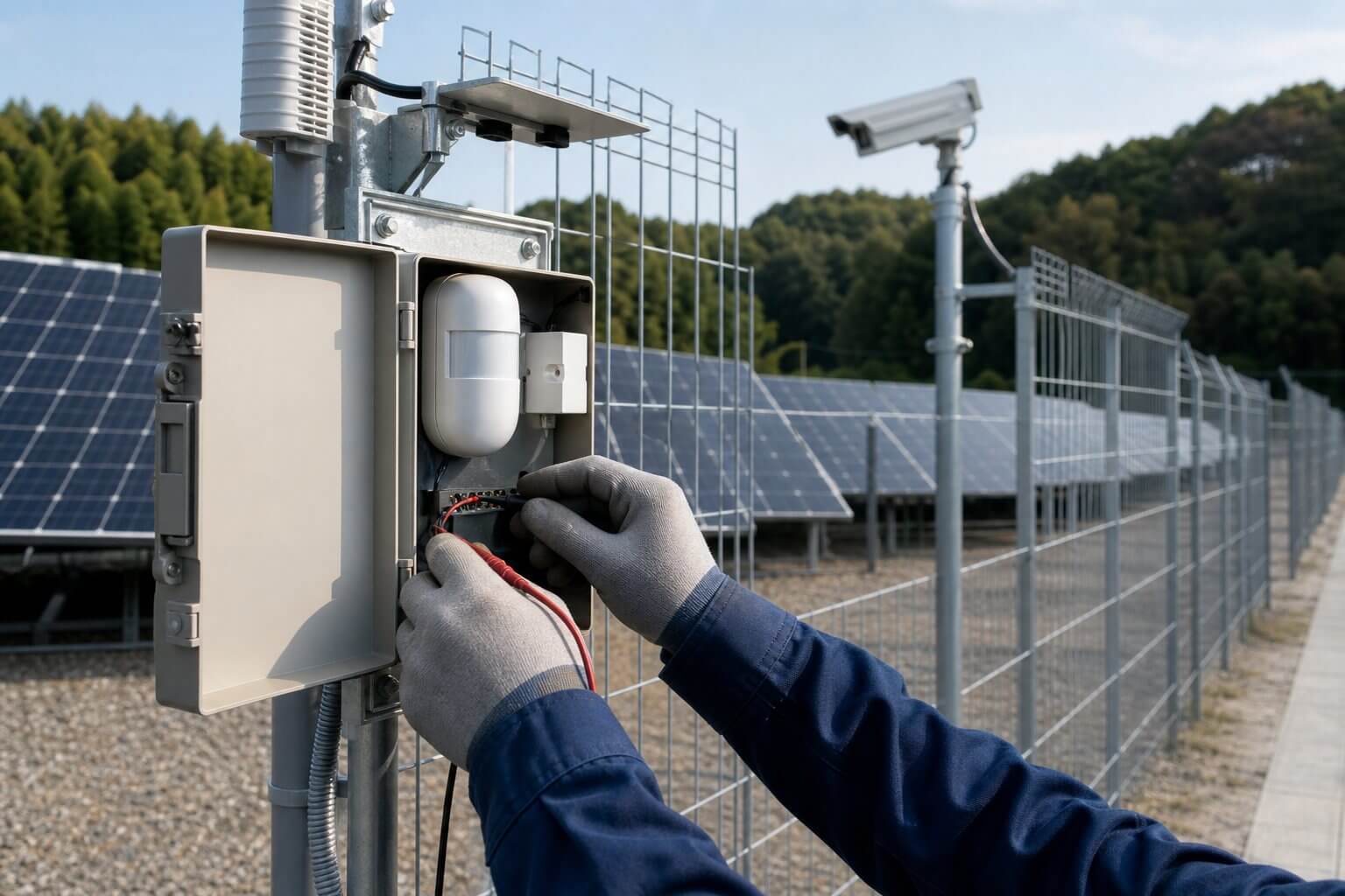 太陽光発電所の侵入検知センサーを点検する作業