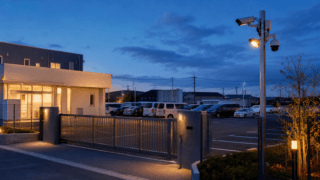 会社の駐車場に設置された防犯カメラ・照明・車両ゲート