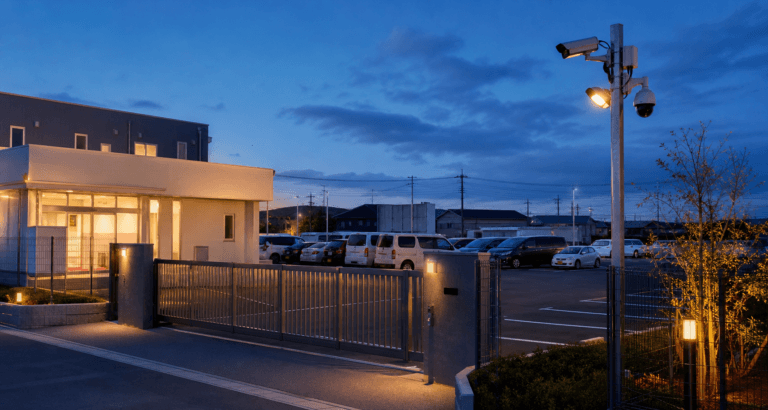会社の駐車場に設置された防犯カメラ・照明・車両ゲート