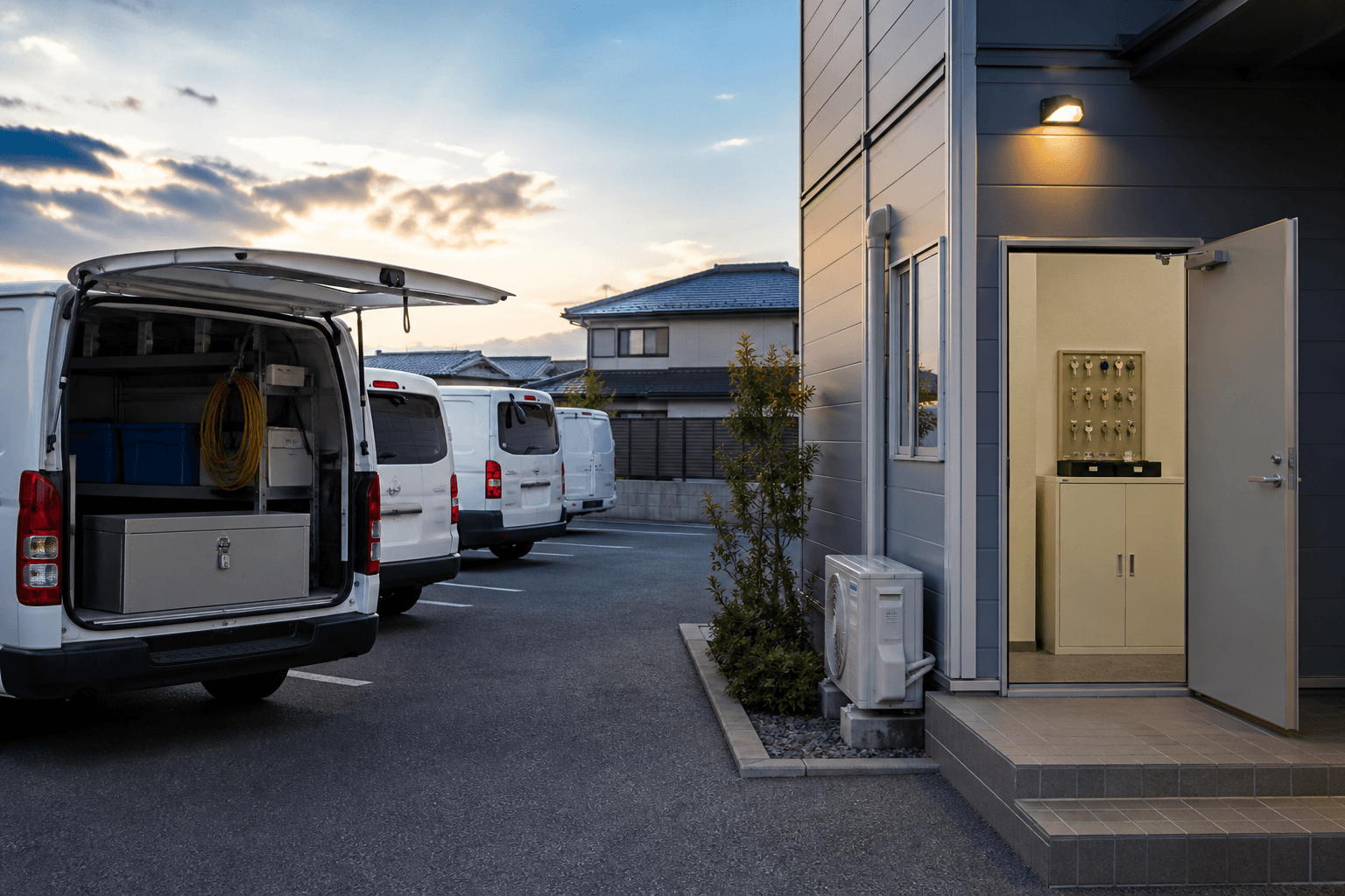 社用車と工具を保管する法人駐車場の防犯確認