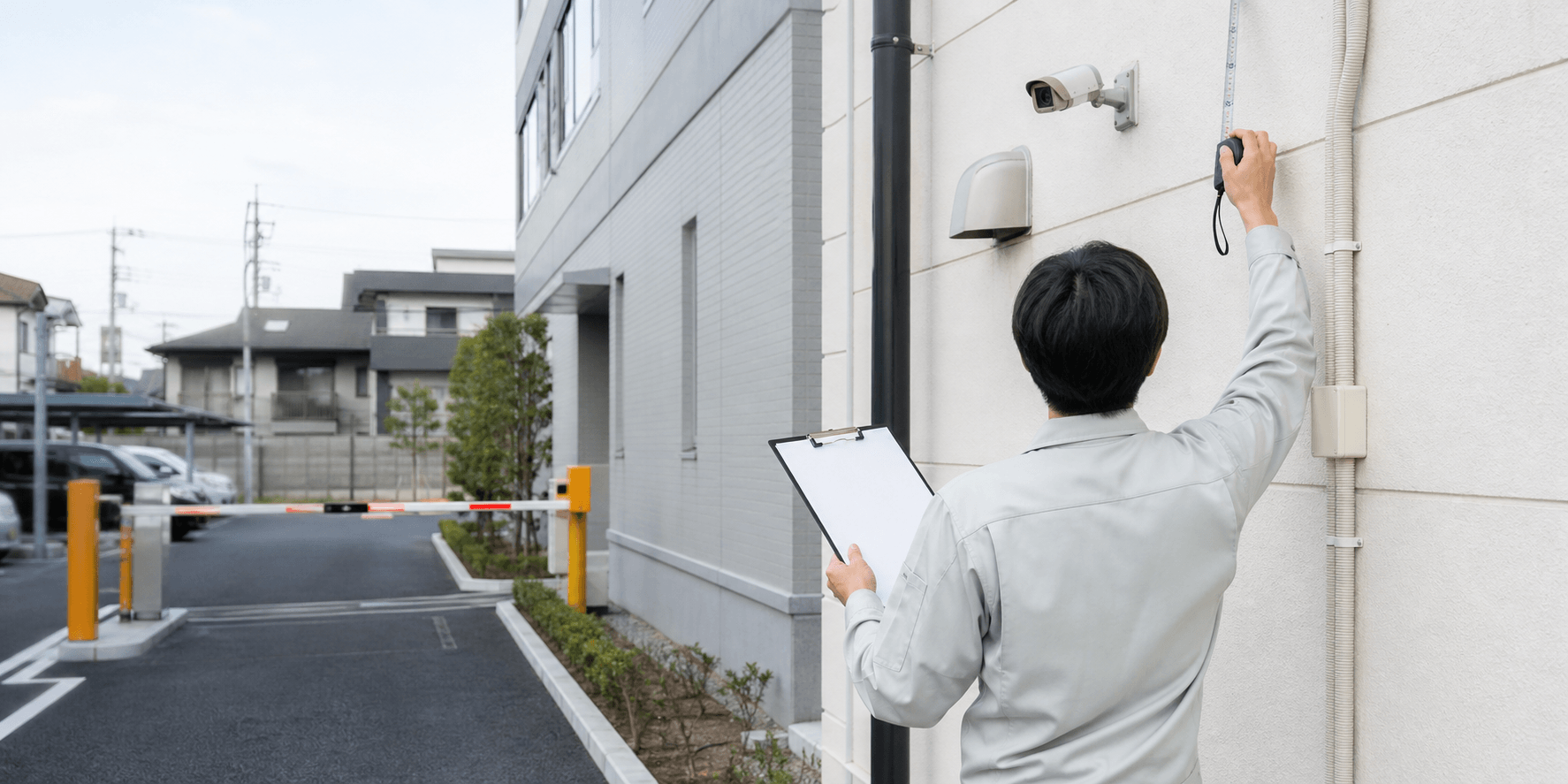 防犯設備の見積もり前に駐車場の画角と配線を確認する担当者