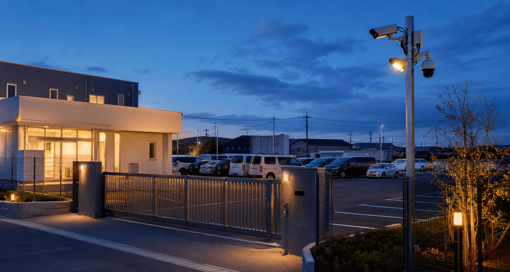 会社の駐車場に設置された防犯カメラ・照明・車両ゲート