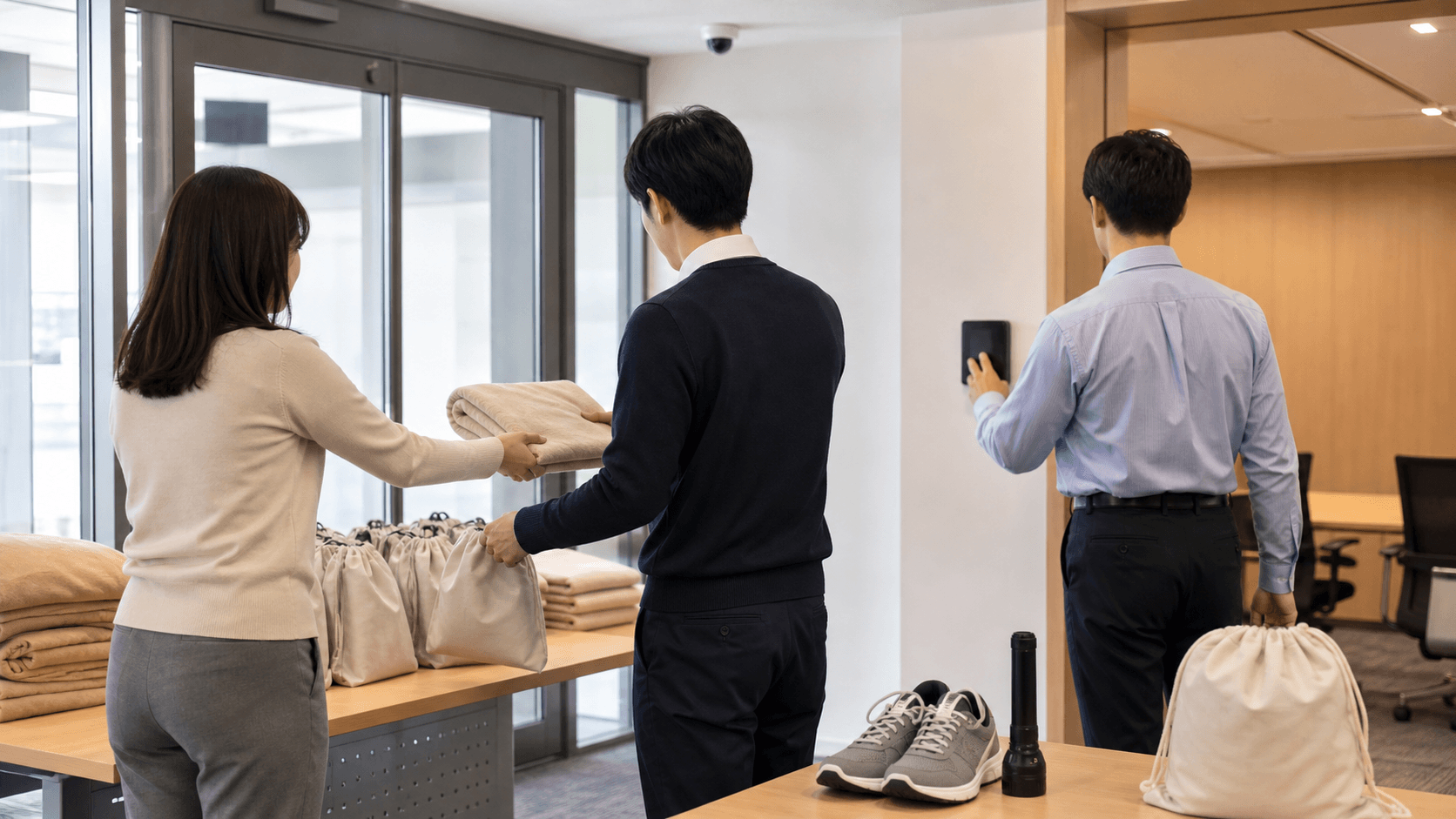 備蓄配布と入退室管理を確認する事務所の防災訓練