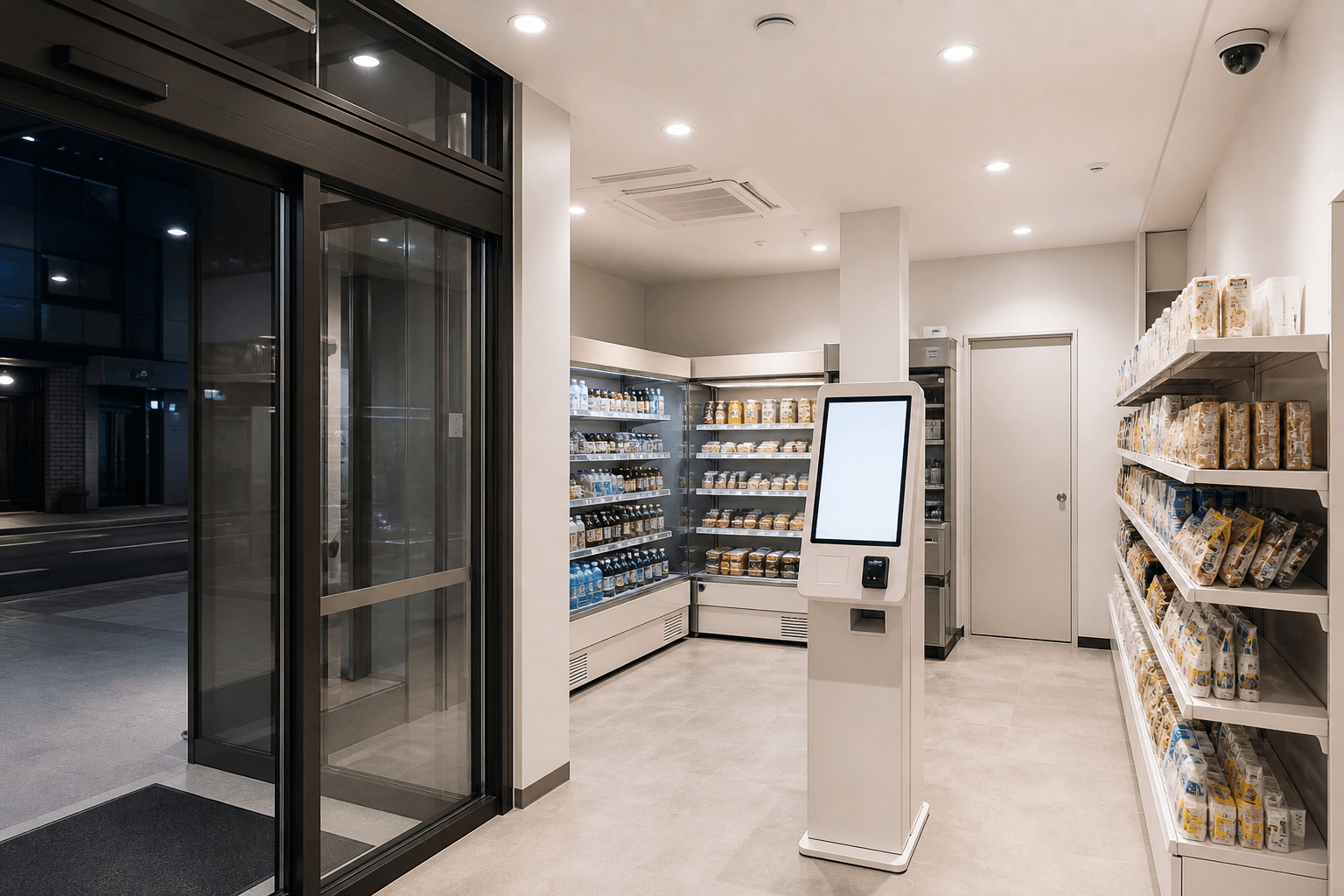 無人店舗の出入口・決済端末・バックヤードを確認できる店内