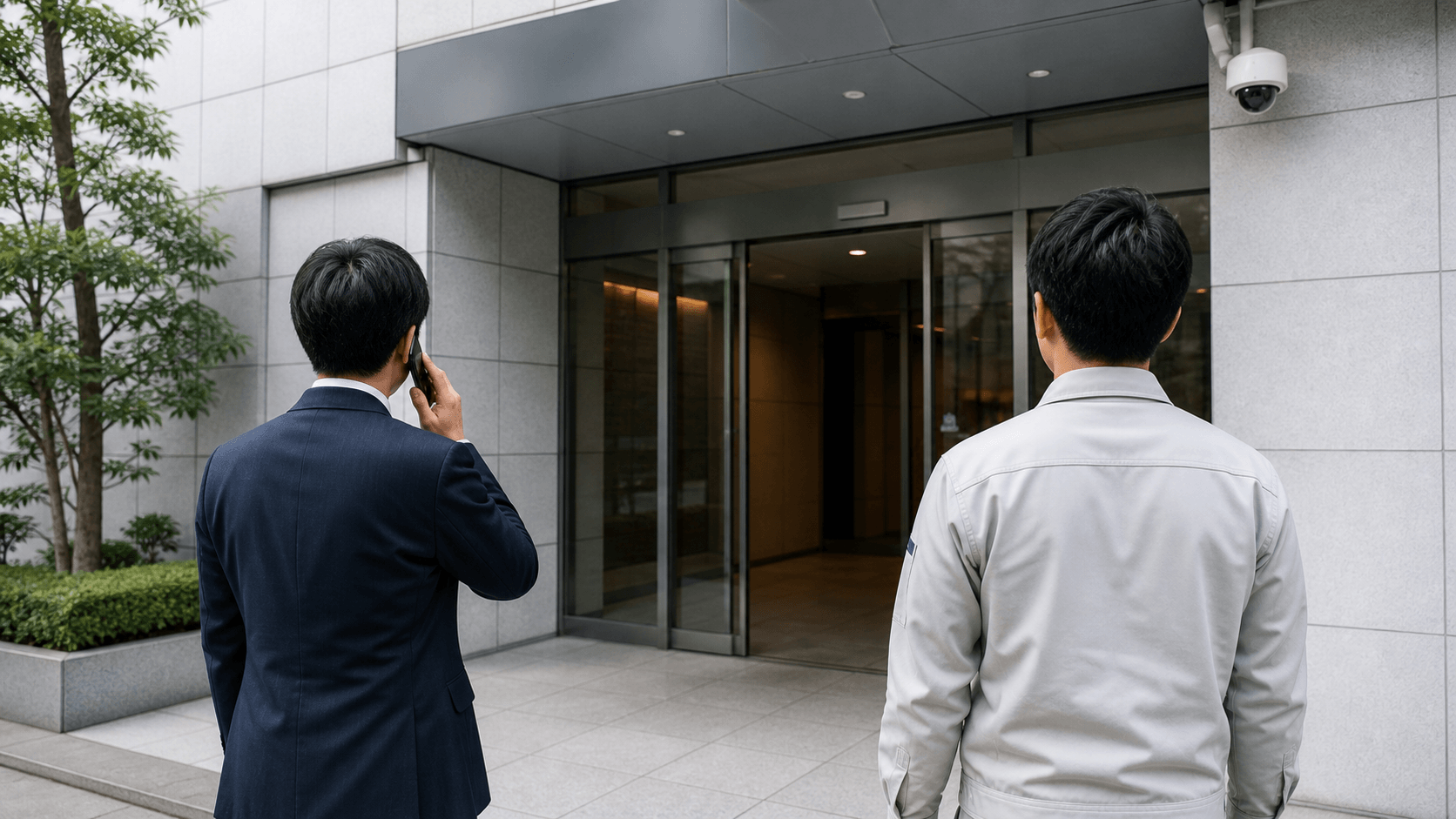 事務所の異常を発見して建物外から連絡する管理者と点検担当者