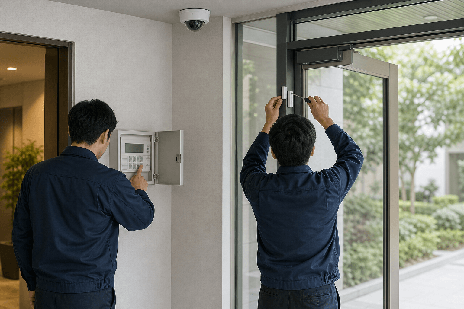 機械警備の旧設備を確認しながら新しい扉センサーを設置する技術者