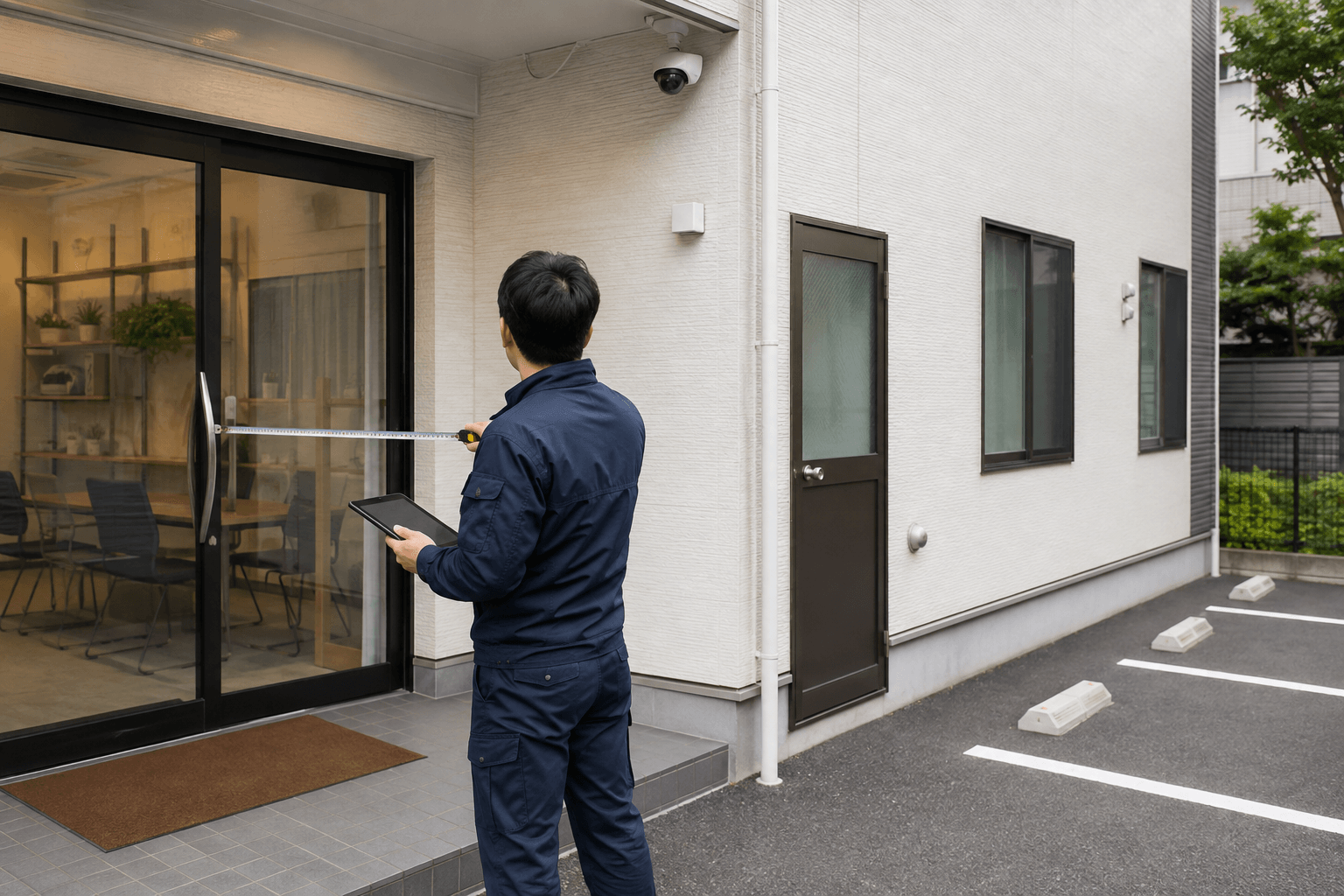店舗事務所の出入口・窓・防犯カメラを現地調査する担当者