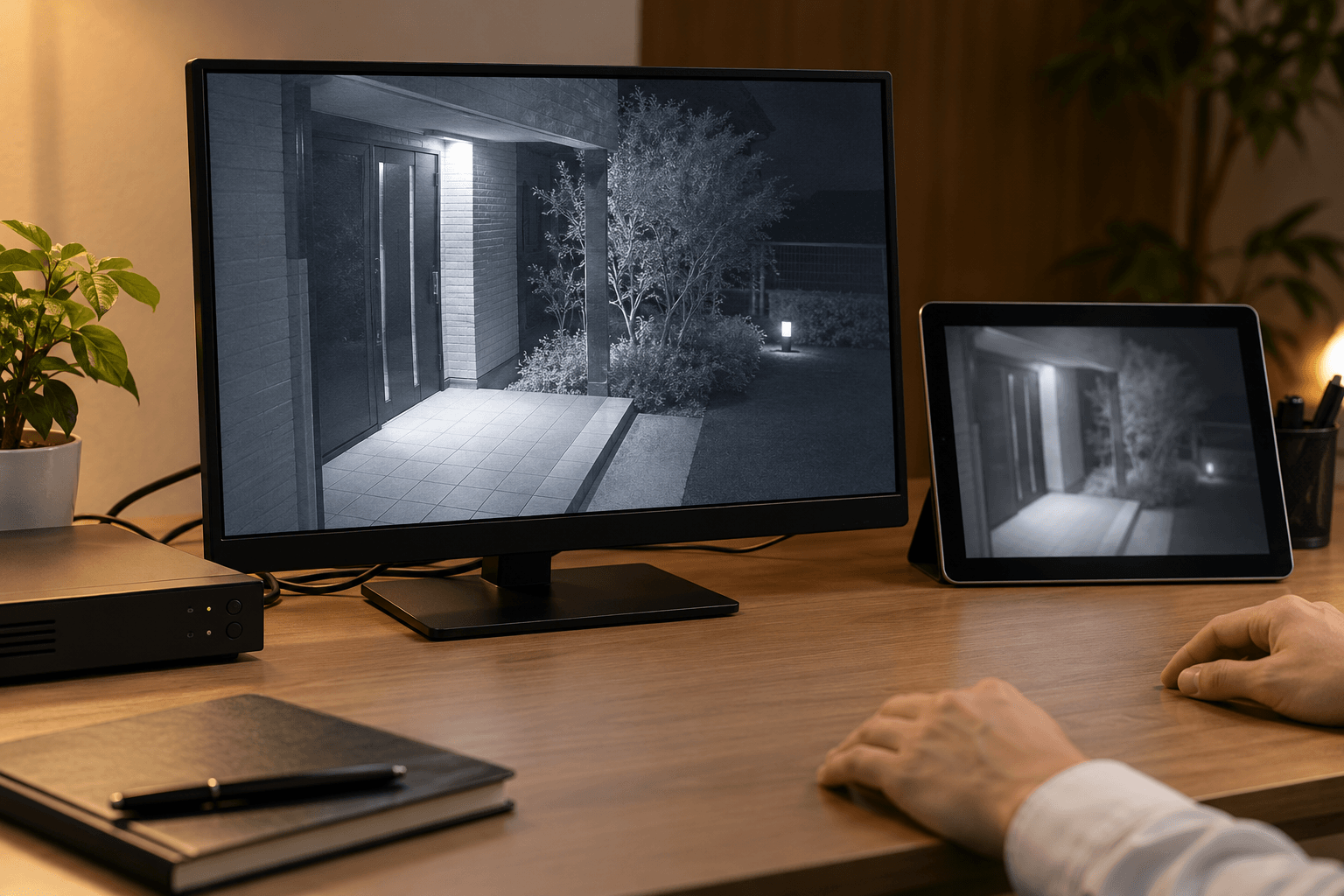 同じ入口の映像をモニターとタブレットで比較する様子