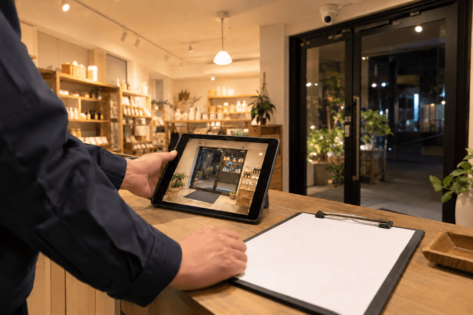 店舗入口の撮影状況をタブレットで確認する担当者